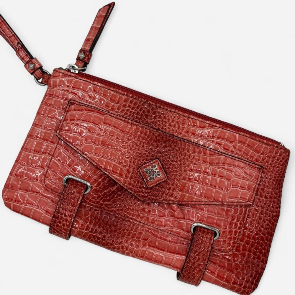 Simply Vera Wang Zip Top Wristlet Faux Croc Handbag in Coral NWOT